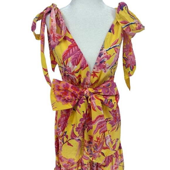 Banjanan Carnation Flamingo Rhododendron Ruffle Maxi Dress Size Small Yellow - Picture 4 of 13